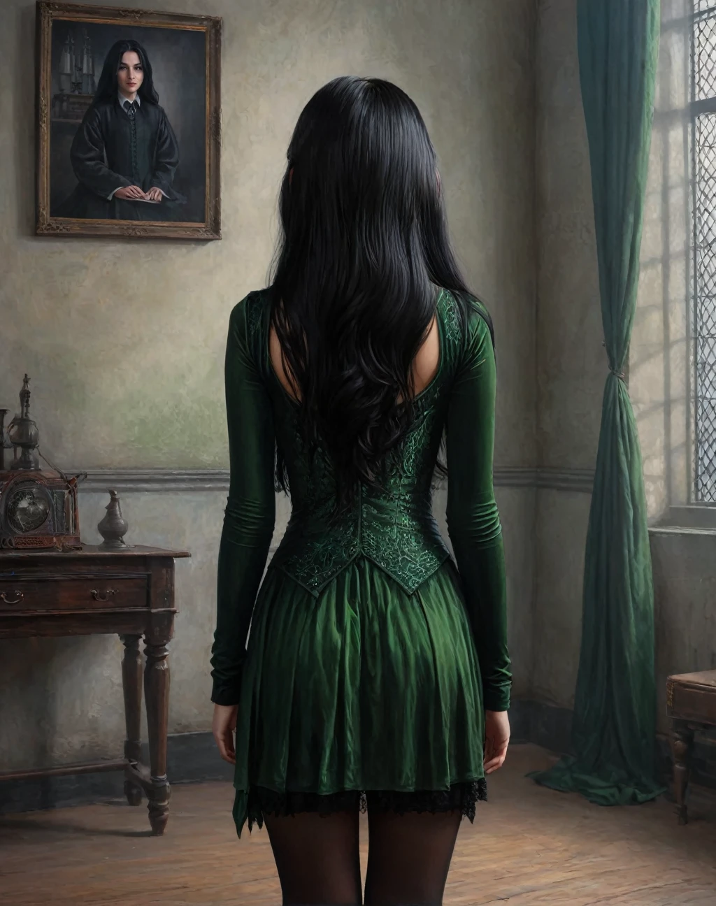 11-year-old girl, daughter of severus snape, green eyes, black hair, 1girl, from the back, long black hair, full body, intricate details, realistic, photorealistic, stunning portrait, award-winning, oil painting, highly detailed, sharp focus, vibrant colors, dramatic lighting, magical, fantasy, cinematic