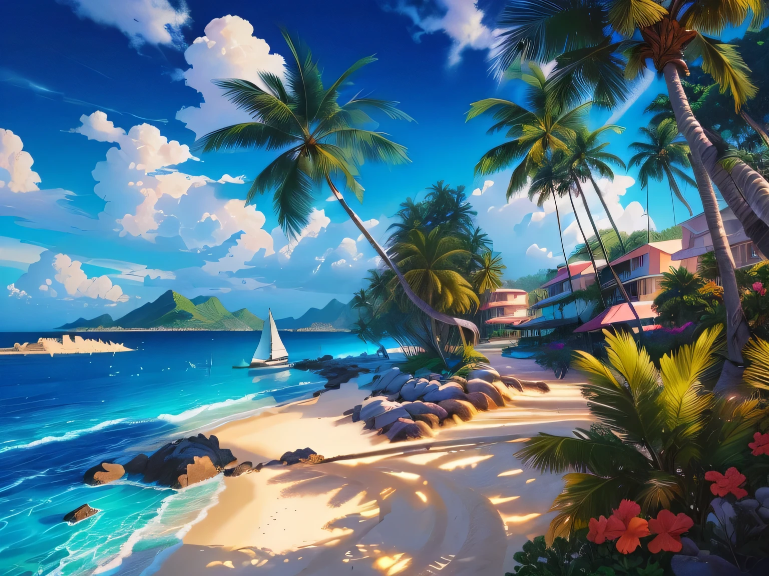 A picture with palm trees、Beach painting with rocks and sailboat, Tropical Beach paradise, Tropical Beach, Tropical Paradise, Tropical Landscape, at a Tropical Beach, HD Wallpapers, Beach scenery, Beautiful and magical Palm Beach, Magical Beach, Tropical Ocean, very detailed paradise, Landscape Artwork, Tropical Islands, Amazing wallpapers, breath-taking beautiful beach, beautiful beach, Beautiful wallpapers