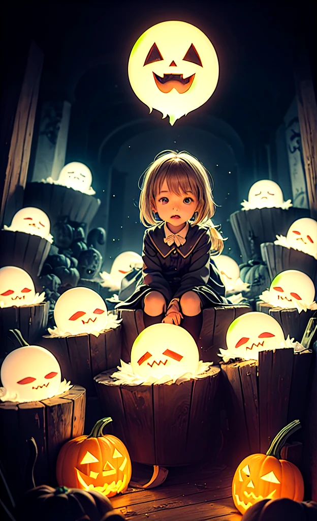 masterpiece, Highest quality, Explore a haunted theme park, haunted by cute chibi ghosts, cute, Whimsical, Shine, Shineing, fun, Stupid, Mysterious, Magic, Mysterious, fun, interesting、Ghost、カボチャGhost、pumpkin