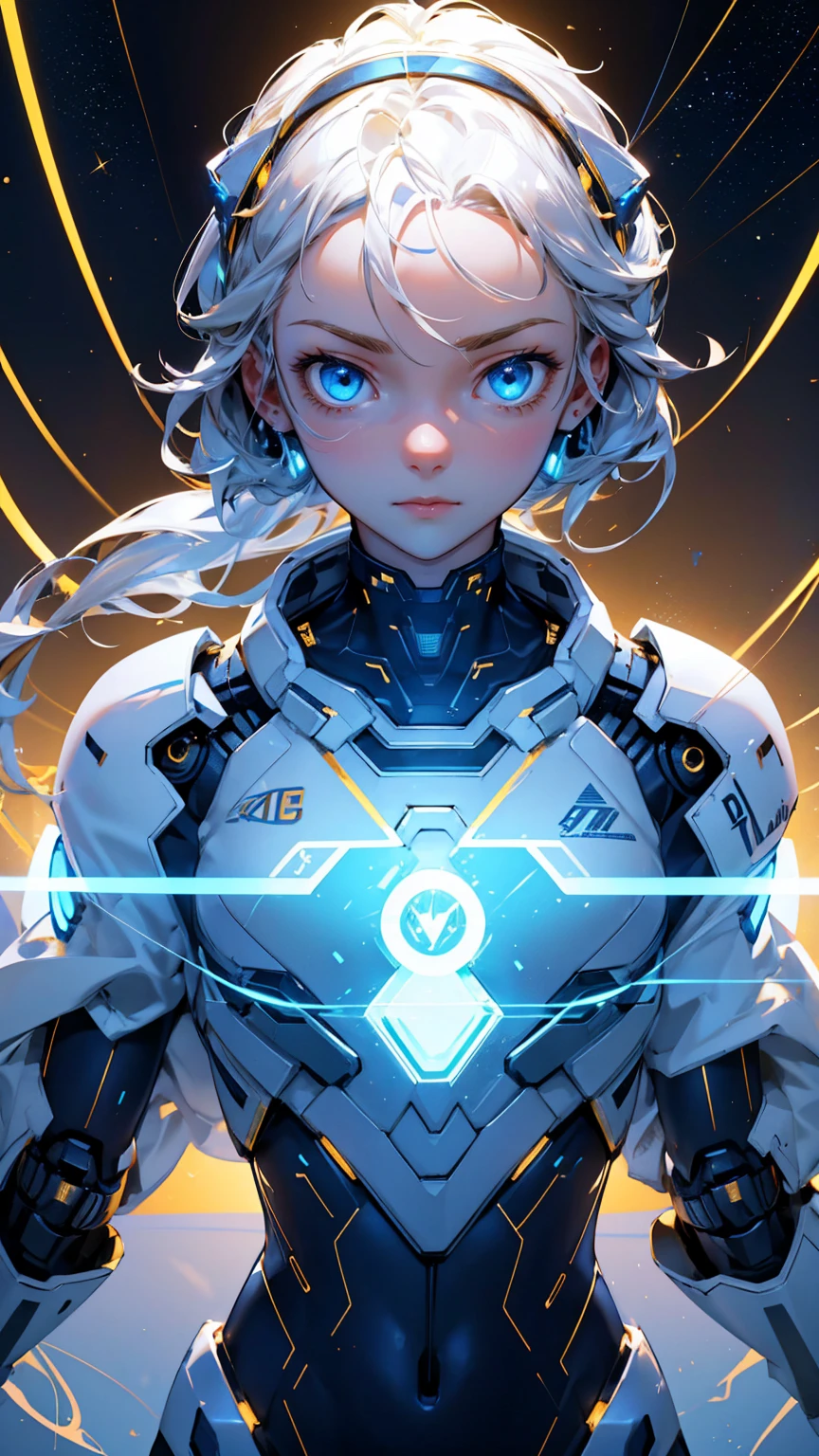 Cute robot, with a gold and silver color scheme, blue eyes with text "Easy" on the forehead in white letters, "KYC" ON chest with white letters, holding an electric cable with lights and futuristic elements around it, against a golden background with lots of stars,