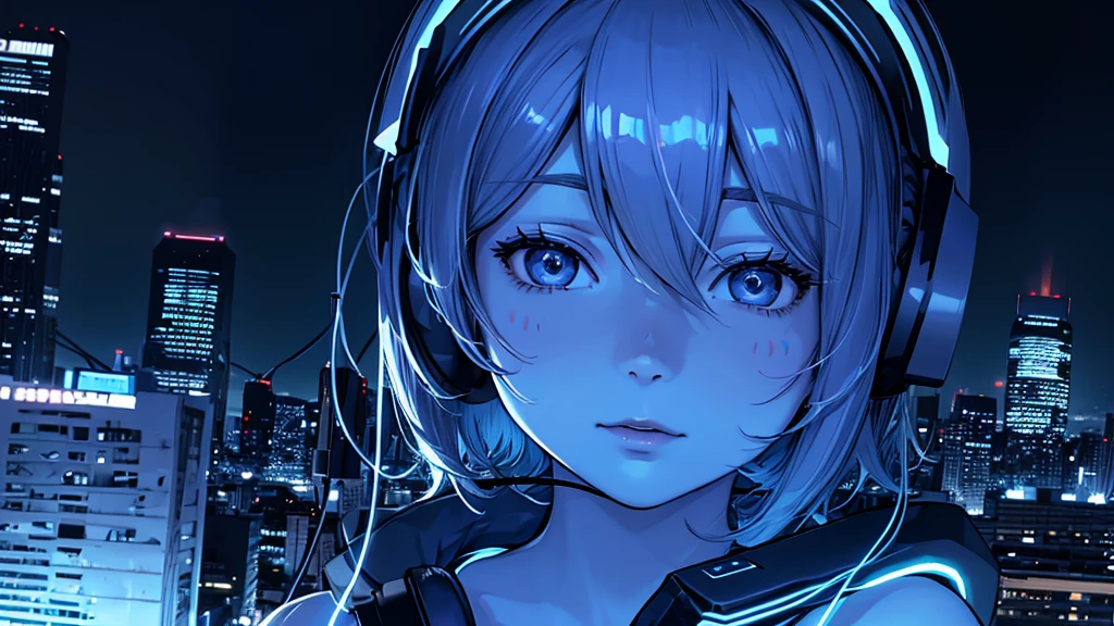 Super detailed,1 girl, alone,Facial Contour, headphone, RGB lighting headphones, headphones with Blue lighting, headphone with cable, Blue lighting, city, night city