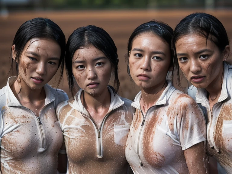 (A plain white short sleeved dirt stained field hockey uniform with a very tight white half zip:1.7)、(A large white square collar heavily soiled with dirt: 1.8)、(Red clay ground:1.5)、My hair is wet and messy、(Beautiful Japanese woman completely covered in dirt:1.9)、Highest quality, masterpiece, Ultra-high resolution, Photorealistic, Raw Photos,Detailed face, (Fastener open: 1.8), (Everyone wears the same clothes:1.0), All members are super beauties, (A commemorative photo of three beautiful Japanese women huddled together in a pitiful state: 1.7), (Hair tied up: 1.4), (Exhausted expression: 1.9), Bright photo, (My whole body is soaked with sweat: 1.6), (All muscular: 2.4)