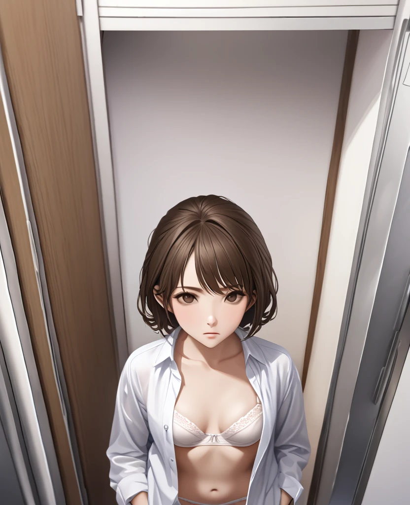 (((masterpiece) (((((Highest quality))))((high resolution))))), Very detailed, Ultra-realistic, )、、locker room、((Open shirt))、White Bra、白panties、Brown Hair、、、Change of clothes、((Expressionless))、From above.stand、Look away.((((Gaze Down))))、Do not look at the front、solo