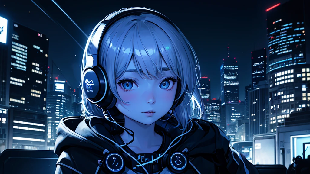 Super detailed,1 girl, alone,Facial Contour, headphone, RGB lighting headphones, headphones with Blue lighting, headphone with cable, Blue lighting, city, night city