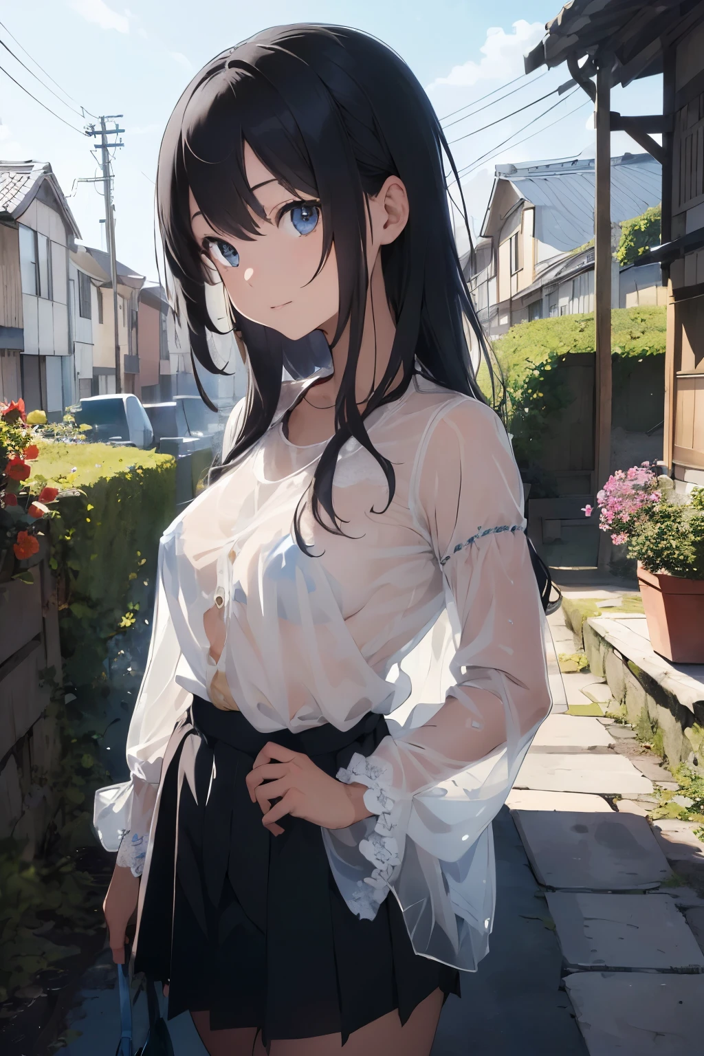 ((Highest quality)), ((masterpiece)), (detailed), (Japanese),, Black Hair,(Childish face), (Long Hair), Girl, big Breasts, ((topless)), ((Blue eyes)),half-smile ,mini skirt, Sunlight,Profile, arched back, (close_up) ,flower garden,((white See-through shirt)),(Sheer shirt),
