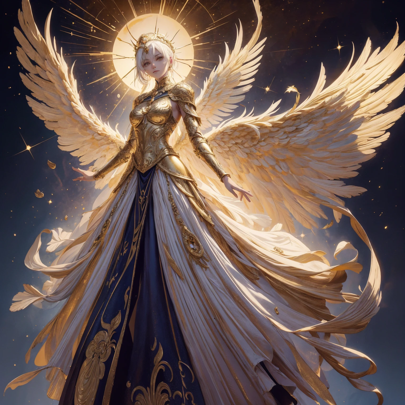 Art of Woman Wearing Sun Crown, Wearing a gorgeous golden breastplate that exposes a small amount of skin above the chest, Wearing a gorgeous golden dress, A pair of giant angel wings taller than the body spread out behind the woman., ancient goddess art, Sacredness. Very detailed, Mysterious inspiration, Inspiration from the Sun God, Religious inspiration, A divine background, Cold and snobbish face, Dangerous expressions, White hair, Standing posture with a slight sideways posture floating in the air, One hand reaches out to the stars while the other holds a brilliant orb as bright as the sun., Full body portrait, Gothic art style, Weird art style, Occult art, Aura of angels, contempt eyes, Divine light, Wide-angle lens, Upward Shot