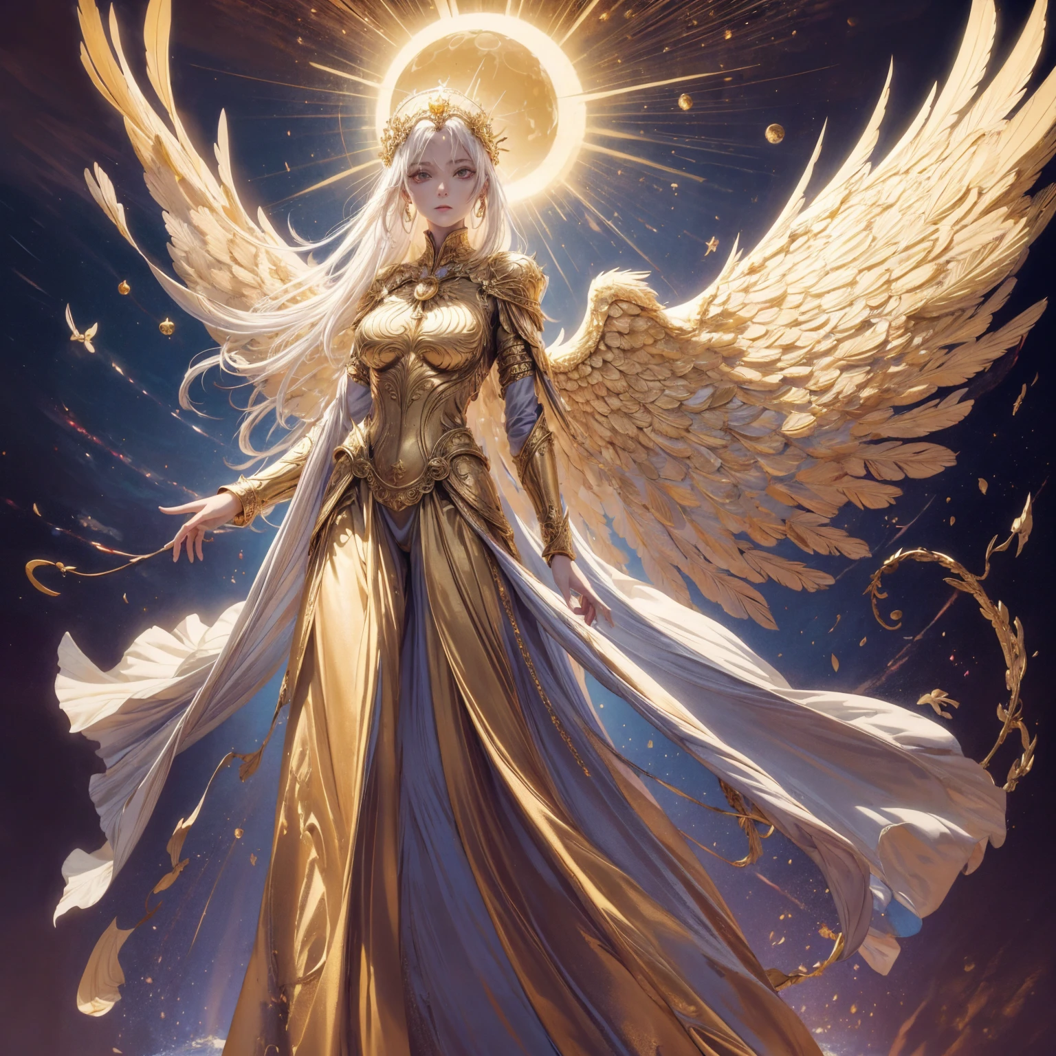 Art of Woman Wearing Sun Crown, Wearing a gorgeous golden breastplate that exposes a small amount of skin above the chest, Wearing a gorgeous golden dress, A pair of giant angel wings taller than the body spread out behind the woman., ancient goddess art, Sacredness. Very detailed, Mysterious inspiration, Inspiration from the Sun God, Religious inspiration, A divine background, Cold and snobbish face, Dangerous expressions, White hair, Standing posture with a slight sideways posture floating in the air, One hand reaches out to the stars while the other holds a brilliant orb as bright as the sun., Full body portrait, Gothic art style, Weird art style, Occult art, Aura of angels, contempt eyes, Divine light, Wide-angle lens, Upward Shot