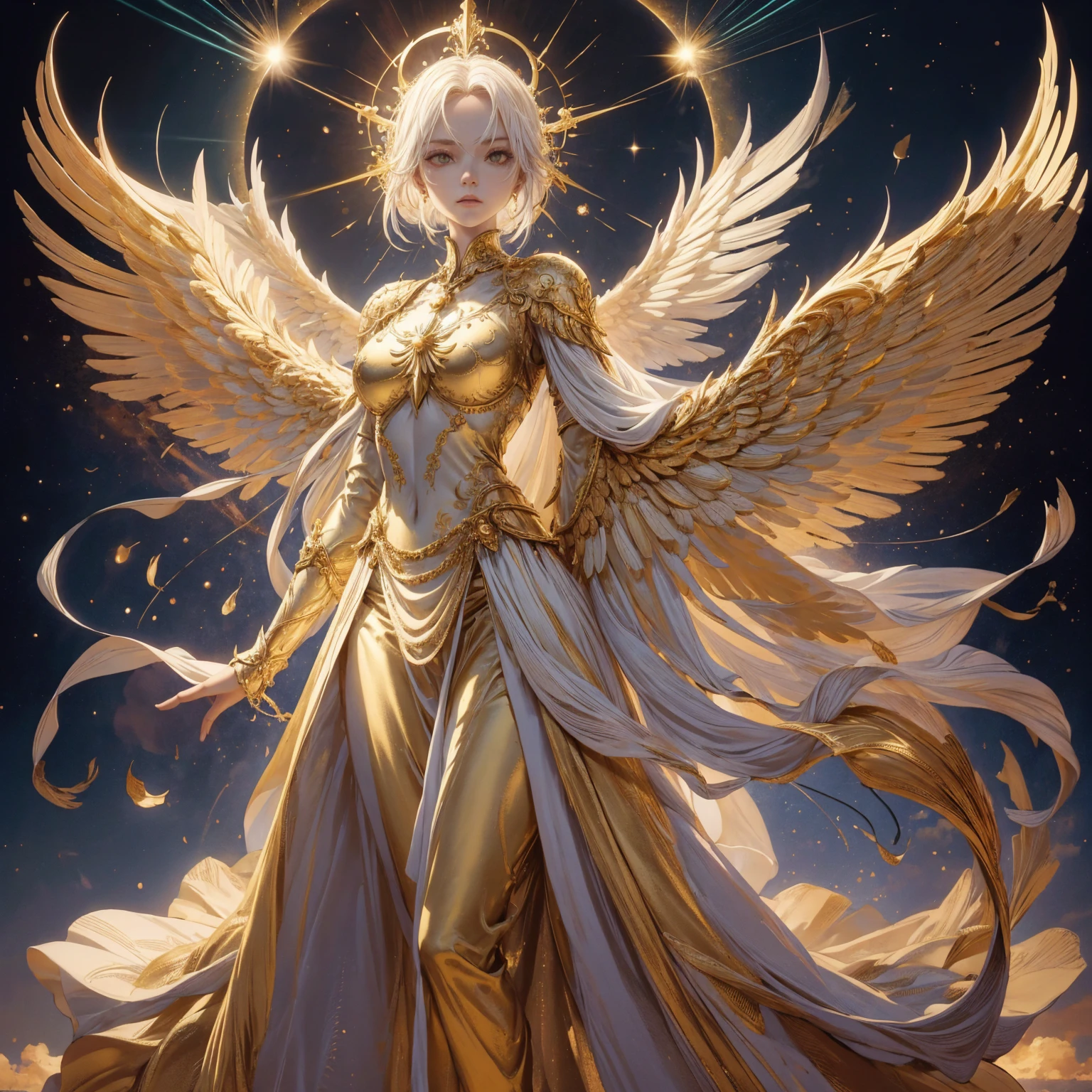 Art of Woman Wearing Sun Crown, Wearing a gorgeous golden breastplate that exposes a small amount of skin above the chest, Wearing a gorgeous golden dress, A pair of giant angel wings taller than the body spread out behind the woman., ancient goddess art, Sacredness. Very detailed, Mysterious inspiration, Inspiration from the Sun God, Religious inspiration, A divine background, Cold and snobbish face, Dangerous expressions, White hair, Standing posture with a slight sideways posture floating in the air, One hand reaches out to the stars while the other holds a brilliant orb as bright as the sun., Full body portrait, Gothic art style, Weird art style, Occult art, Aura of angels, contempt eyes, Divine light, Wide-angle lens, Upward Shot