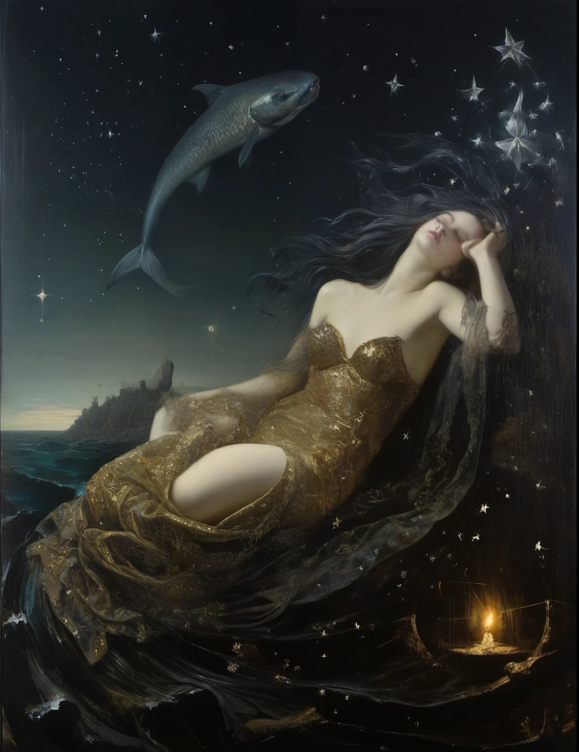 James Gurney, Surrealist art , dream-like, mysterious, Provocative, symbolic, Complex, detailed,, (Gothic but very beautiful:1.4), (masterpiece, Highest quality:1.4) , Nicola Samori Style, Mermaid、shooting star