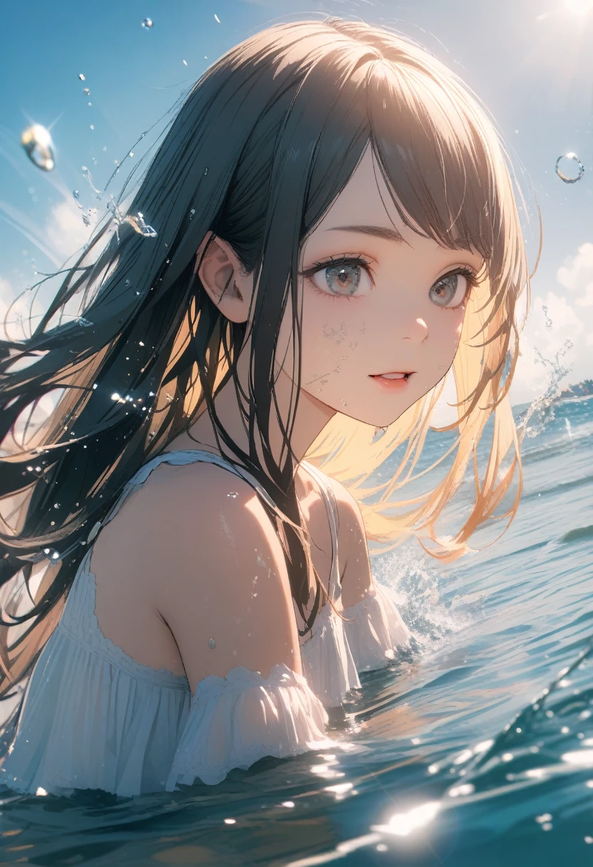 Angelic, One Girl, Black and long straight hair, Sharp Hair, Facial Contour, Remember,, splash, Lens flare, noon, bright, Natural Color, High resolution, Very delicate, Very detailed, 8k,((Sexual))
