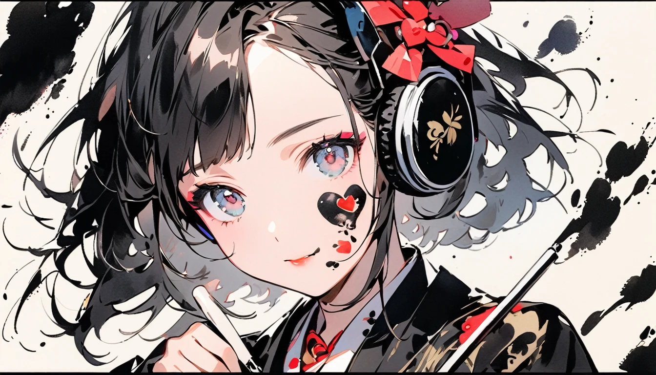 (((Ink Painting))), Fashion portrait color photos, (((1 girl))), (((Heart tattoo on face))), (((Gorgeous hair accessories))), Japanese style headphones, Playing the drum, Japanese beautiful girl, Black Hair