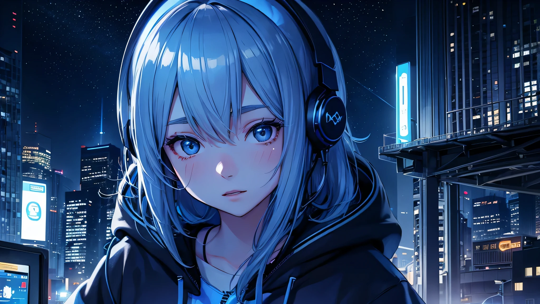  Super detailed,1 girl, alone, hoodie, Facial Contour, headphone, RGB lighting headphones, headphones with Blue lighting, headphone with cable, Blue lighting, city, night city