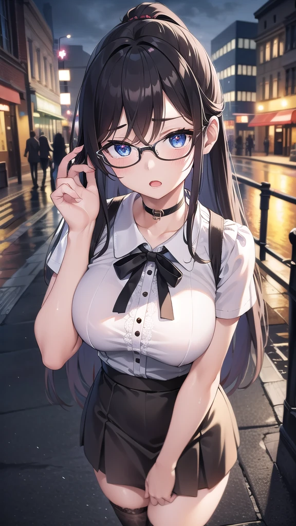 BREAK (masterpiece:1.2), best quality, high resolution, unity 8k wallpaper, (illustration:0.8), (beautiful detailed eyes:1.6), extremely detailed face, perfect lighting, extremely detailed CG, (perfect hands, perfect anatomy),city,street,night,wet road,reflections on road,mist, city lights,teacher,long haired,black hair,ponytail,glasses,hair between eyes, big eyes, blue eyes,white blouse,cleavege,neckline,unbutton blouse,medium breasts,lace bra,,skirt,brown skirt,long skirt,pencil skirt,fishnet stockings,horny face,open mouth,black choker,upskirt,panties,showing panties,lace panties,long legs,upper body,from above,looking in eyes,