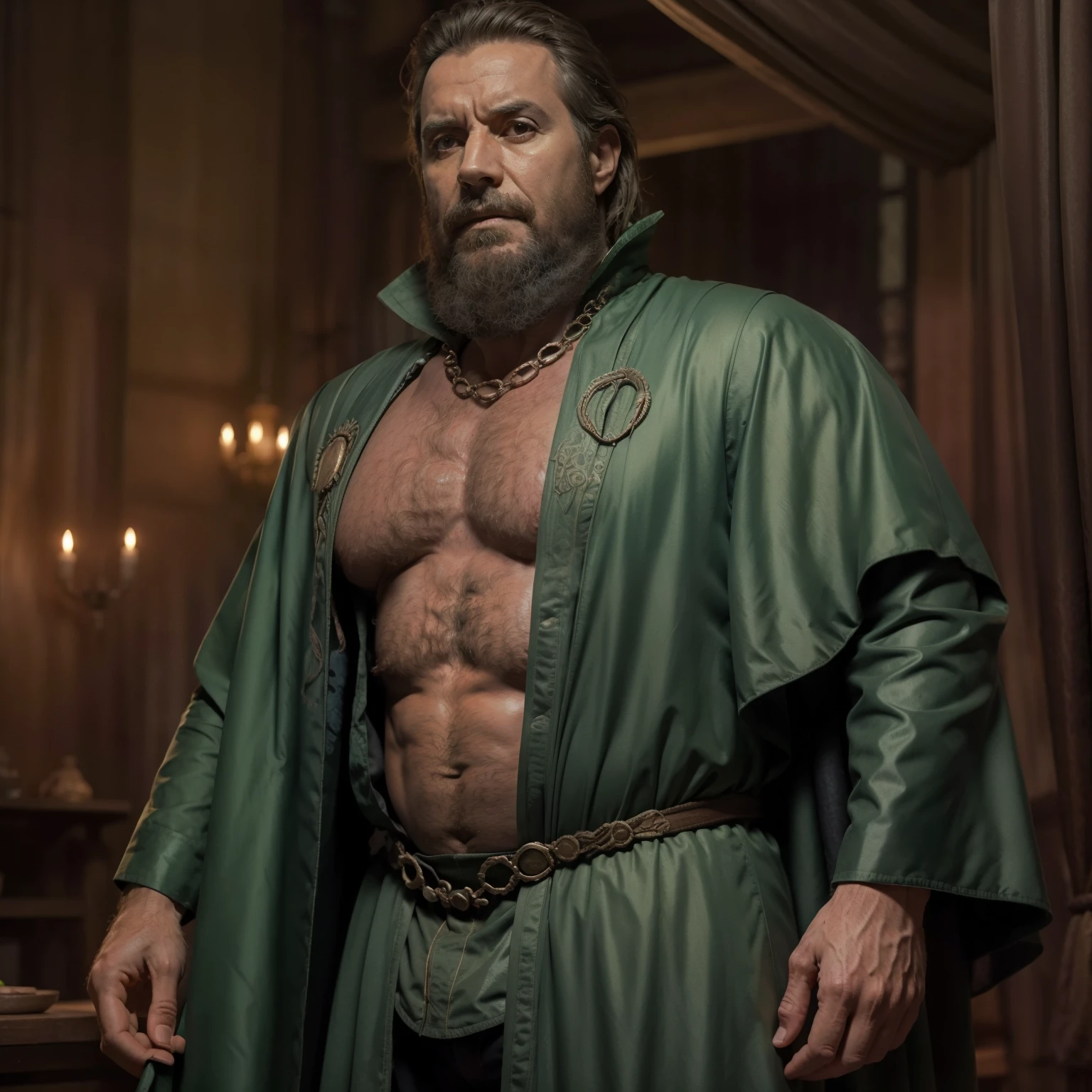 A otto hightower showing his massive penis and testicules, muito lascivo, imponente, Vista lateral, below pov, corpo inteiro, 50 years old , thick beard, dark oliva skin color, oiled skin, peitorais largos, peitorais enornes, hair chest, pose sensual, ele está em seu quarto, wearing a green royal robe, cleavage robe, wet body, bare arms, big bulge, grande saliência na virilha, thick thights, Obra-prima maravilhosa altamente detalhada, beautiful cinematic light deep focus, elegante, Pintura digital, sementes, sharp focus, golden ratio, dramatic lighting, 8k