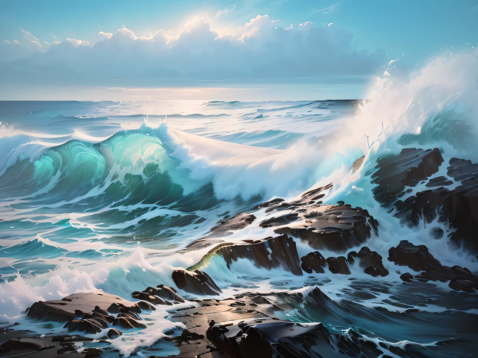 painting of a Waves breaking on a rocky shore with a blue sky, extremly detailed oil painting, An oil painting. Waves, extremly detailed oil painting, Detailed 4k oil painting, Very detailed oil painting, Extremely detailed painting, extremly detailed oil painting, Water painting, crashing Wavess, azure Wavess of water, Highly detailed 4k painting, Meticulous and realistic