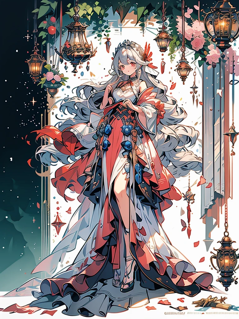 （CG Unity 8K wallpaper with the highest quality and super detail、masterpiece）Japanese 、floating、High resolution、Dynamic Angle、Dynamic pose、Young girl、Silver Hair（1.3）、The red color is eye-catchingly cute