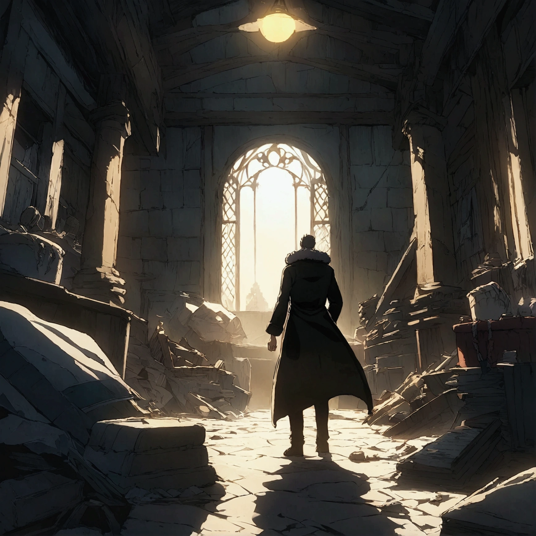 Man, short curly hair, clean shaven, wearing a large black coat, serious look, messy room background, "Anime design inspired by One Piece, full of dramatic and impressive lighting, character focus, stunning face, infused with creative details, ultra-fine 2D design, scenery bathed in creativity, boasting 2D anime resolution clarity, HD anime graphics, high-octane rendering"