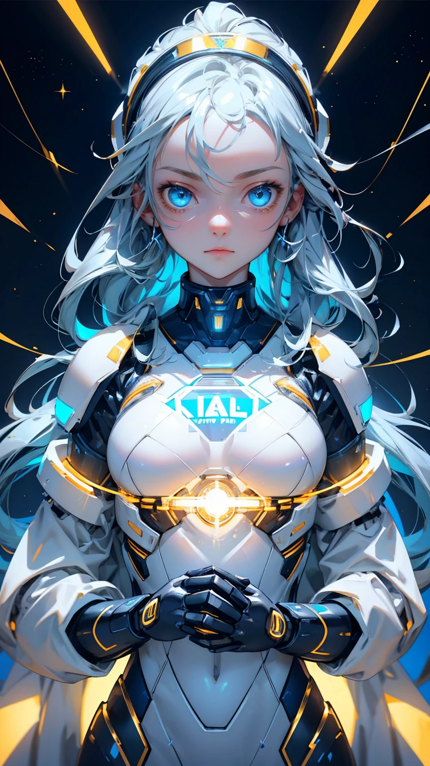 Cute robot girl , with a gold and silver color scheme, blue eyes with text "Easy" on the forehead in white letters, "KYC" ON chest with white letters, holding an electric cable with lights and futuristic elements around it, a golden background with lots of stars,