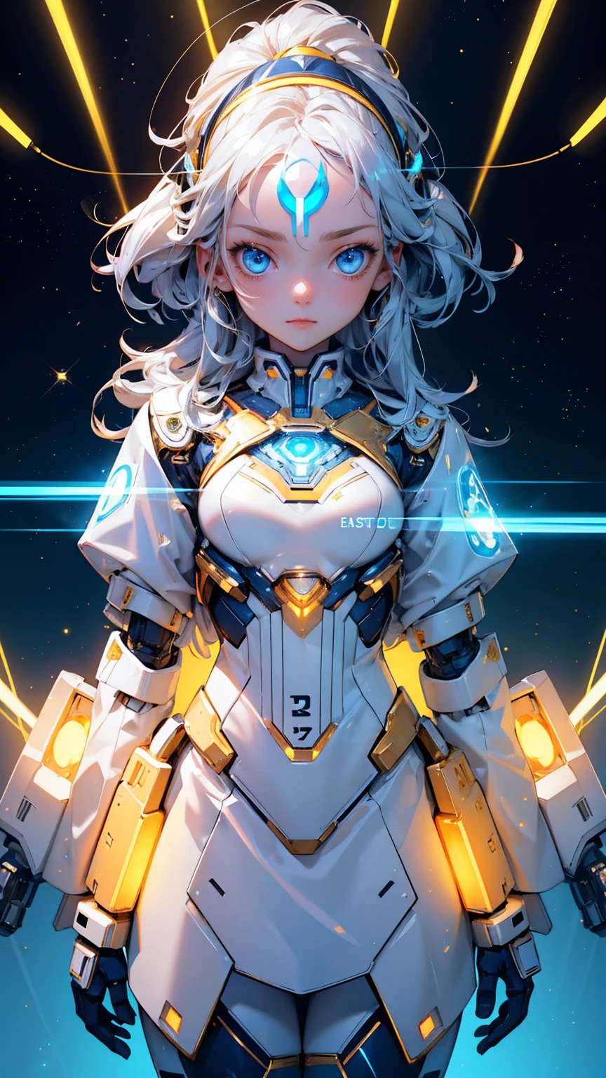 Cute robot girl , with a gold and silver color scheme, blue eyes with text "Easy" on the forehead in white letters, "KYC" ON chest with white letters, holding an electric cable with lights and futuristic elements around it, a golden background with lots of stars,