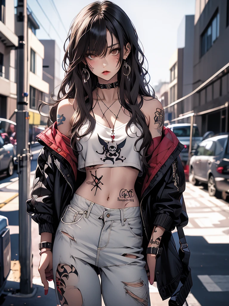 masterpiece, highest quality, pixiv, cool girl, the strongest pirate girl, topless, lips in love, dark brown hair, curly hair, dull bangs, straight bangs, gray eyes, white skin, gal, Improve, graffiti style, cool, baddie, badgirl, tattoo, wearing red binnie
