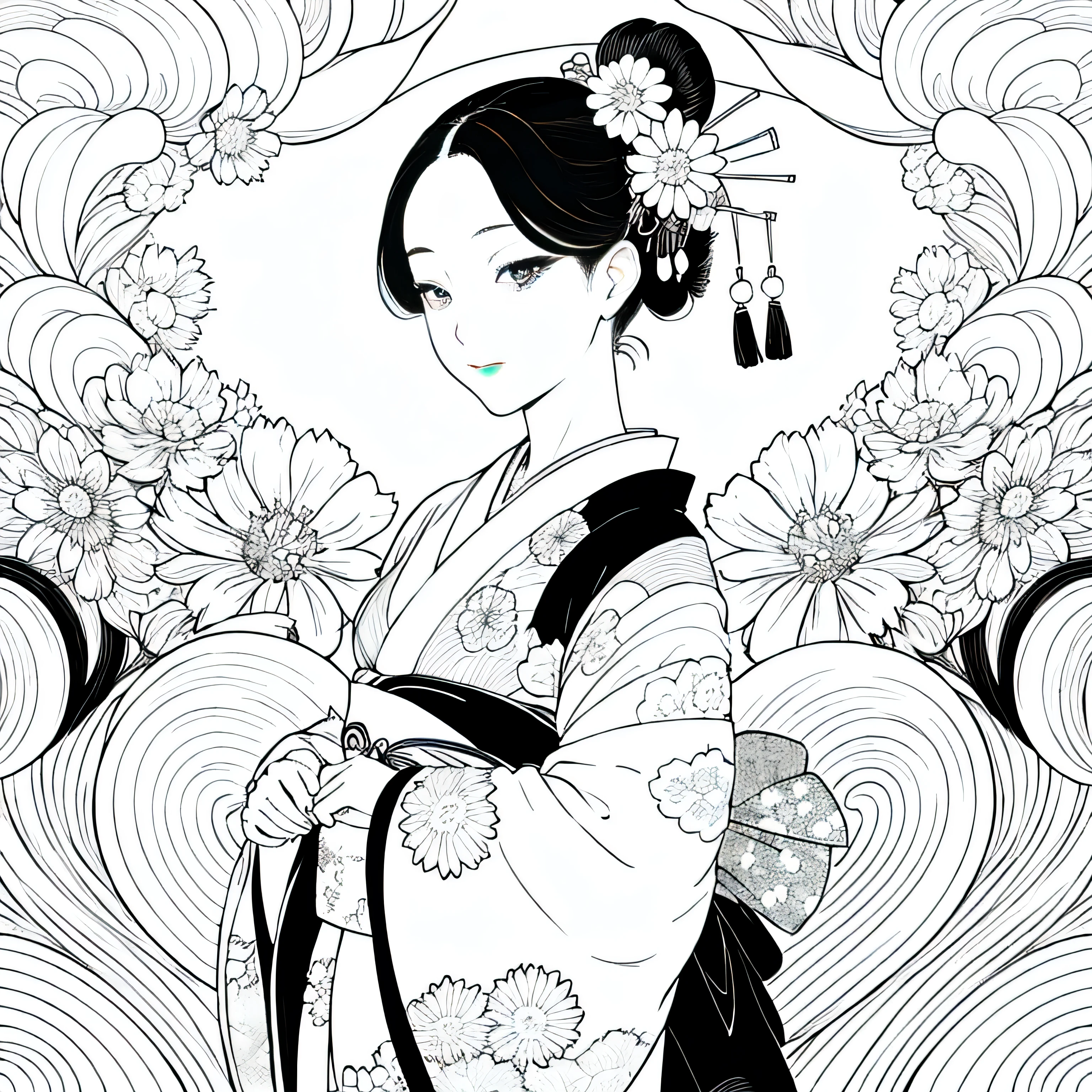 Create images inspired by the beauty of Japanese Ukiyo-e, With delicate lines, Focus on patterns and composition. kimono white,kaleidoscope background，Black and White