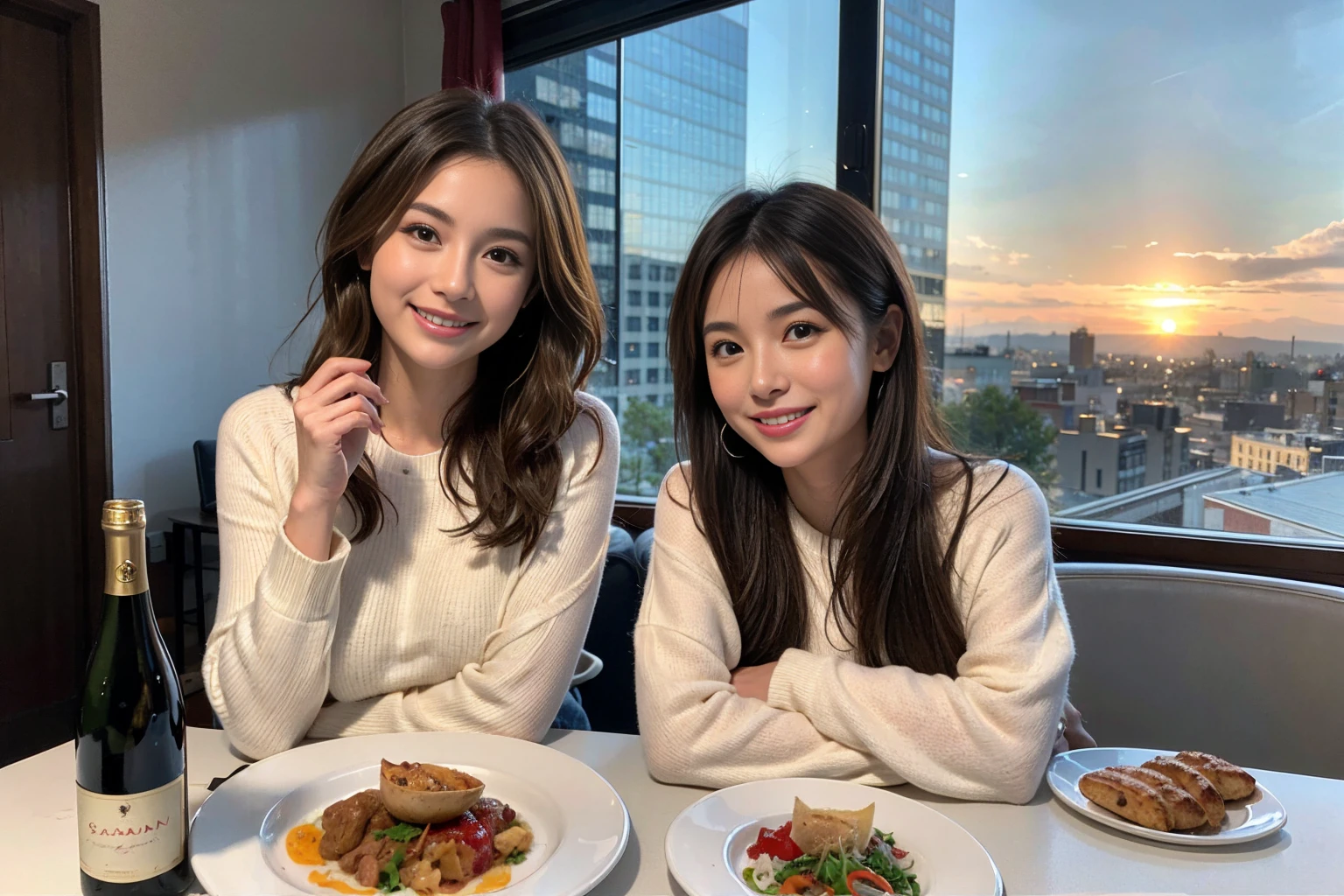 (Realistic:1.1),(masterpiece,Highest quality),8k,(44 years old), 47 years old, slimカップル、Model Couple、actress/actor、Tight waist,Upper Body,full-course dinner、wine 、Amazing view of the sunset sky and clouds、Perfect Anatomy, Brown Hair, short hair,Random Hairstyles,((Highly detailed face and eyes:1.2))(cute顔:1.4),美しいactressの顔,Perfect golden ratio face,Long sleeve shirt、dress,(smile:1.2)、Shortcuts、cute、(Realistic, Intricate details:1.2), A bright smile、short hair,Bright Face、赤wine 、Appetizers、Italian food、wine bottle、Champagne、スパークリングwine、(slimな顔), (The body is slim), (Brown Hair), (Shortcuts), Upper Body, 白wine, slim, wineグラス,