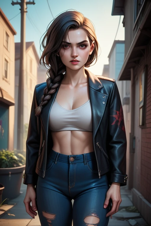 Hungarian woman with an athletic and toned physique; striking features with high cheekbones; green eyes; long, dark hair often styled in intricate braids; 'light olive' skin; best quality; trending on artstation; complex volumetric lighting; strong shadows; artistic lighting; dynamic; energetic vibe; realistic skin; specular highlights; micro-textures; highly detailed hair; crumbling concrete walls; dystopian aesthetic; injured and bleeding; slouching down behind garbage in an alleyway at night; in pain; bloodied face; bloody clothes; leather jacket; bleeding profusely; stab wound