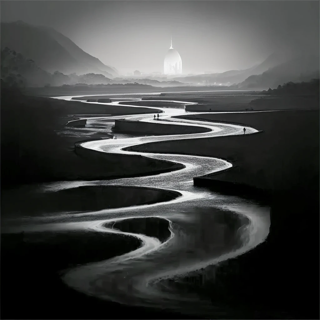 A black and white photo,In the photo, there is a person walking on a river., Winding River, Sebastiao Salgado, There is a river running through, Jan Arthus-Bertrand, Mark Adams, Wohe River, author:Shinji Aramaki, Flowing curves, Twisted waterway, National Geographic Photo, Misha Gordon, Surrealism!!!, author Wen Boren