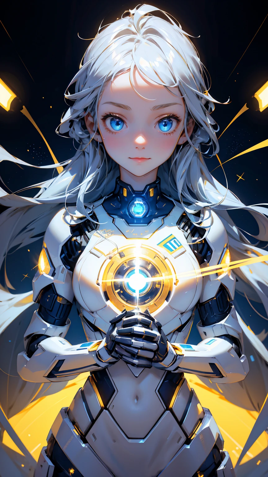 Cute robot girl, cute happy face, with a gold and silver color scheme, blue eyes with text "Easy" on the forehead in white letters, "KYC" ON chest with white letters, holding an electric cable with lights and futuristic elements around it, a golden background with lots of stars,