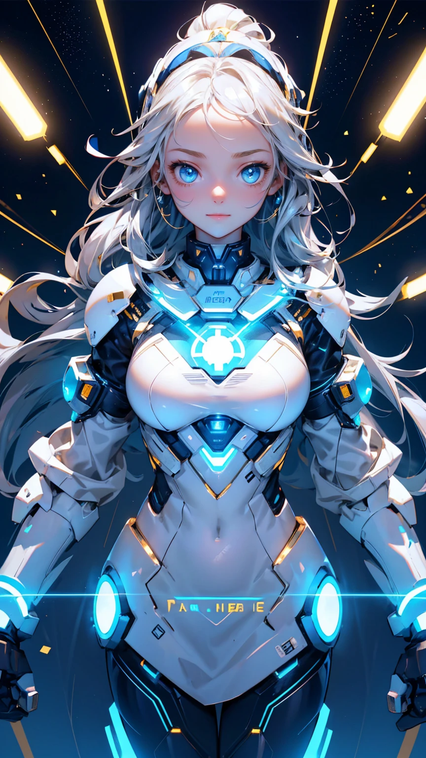 Cute robot girl, cute happy face, with a gold and silver color scheme, blue eyes with text "Easy" on the forehead in white letters, "KYC" ON chest with white letters, holding an electric cable with lights and futuristic elements around it, a golden background with lots of stars,