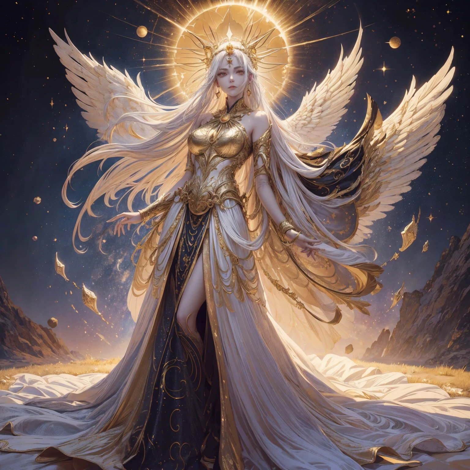 Art of Woman Wearing Sun Crown, Wearing a gorgeous golden metal piece that reveals a little skin above the chest, Wearing a gorgeous golden dress with cosmic stars on the inside, A pair of giant angel wings taller than the body spread out behind the woman., ancient goddess art, Sacredness. Very detailed, Mysterious inspiration, Inspiration from the Sun God, Religious inspiration, A divine background, Cold and snobbish face, Dangerous expressions, White hair, Standing pose floating in the air, One hand reaches out to the stars while the other holds a brilliant orb as bright as the sun., Full body portrait, Gothic art style, Weird art style, Occult art, Aura of angels, contempt eyes, Divine light, Wide-angle lens, Upward Shot