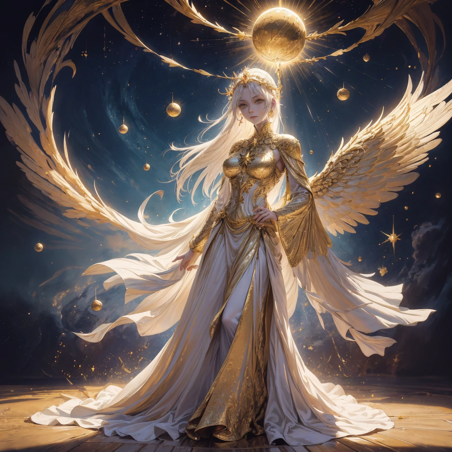 Art of Woman Wearing Sun Crown, Wearing a gorgeous golden metal piece that reveals a little skin above the chest, Wearing a gorgeous golden dress with cosmic stars on the inside, A pair of giant angel wings taller than the body spread out behind the woman., ancient goddess art, Sacredness. Very detailed, Mysterious inspiration, Inspiration from the Sun God, Religious inspiration, A divine background, Cold and snobbish face, Dangerous expressions, White hair, Standing pose floating in the air, One hand reaches out to the stars while the other holds a brilliant orb as bright as the sun., Full body portrait, Gothic art style, Weird art style, Occult art, Aura of angels, contempt eyes, Divine light, Wide-angle lens, Upward Shot