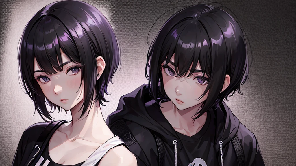 girl,Portraiture, Black and purple, Messy Short Hair, Edgy accessories,Sporty style, T-Shirts, A confident gaze, Monochrome color scheme, Look to the side, Chic street fashion, Pause,head,((people)),hairpin