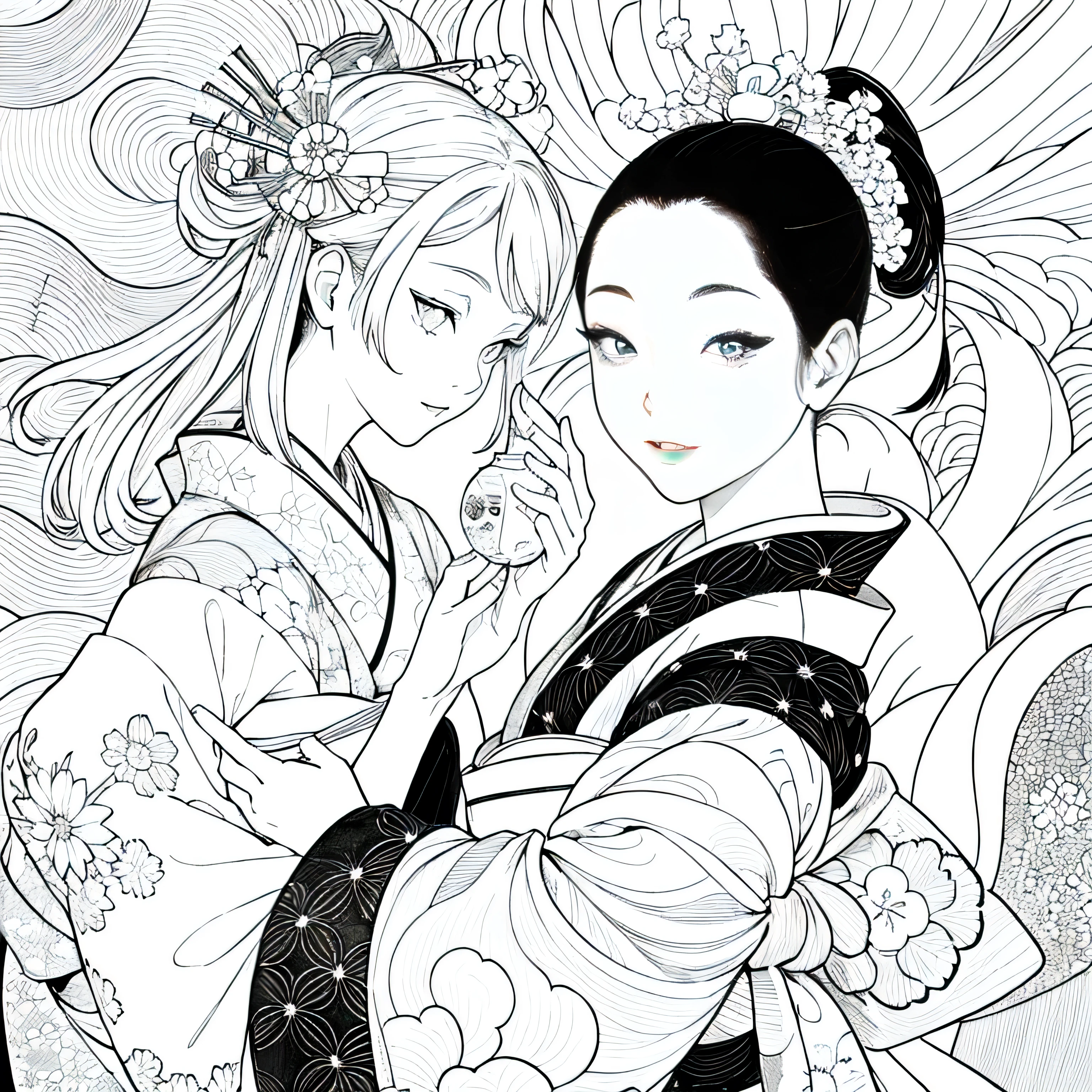 Create images inspired by the beauty of Japanese Ukiyo-e, With delicate lines, Focus on patterns and composition. kimono white,kaleidoscope background,Black and White