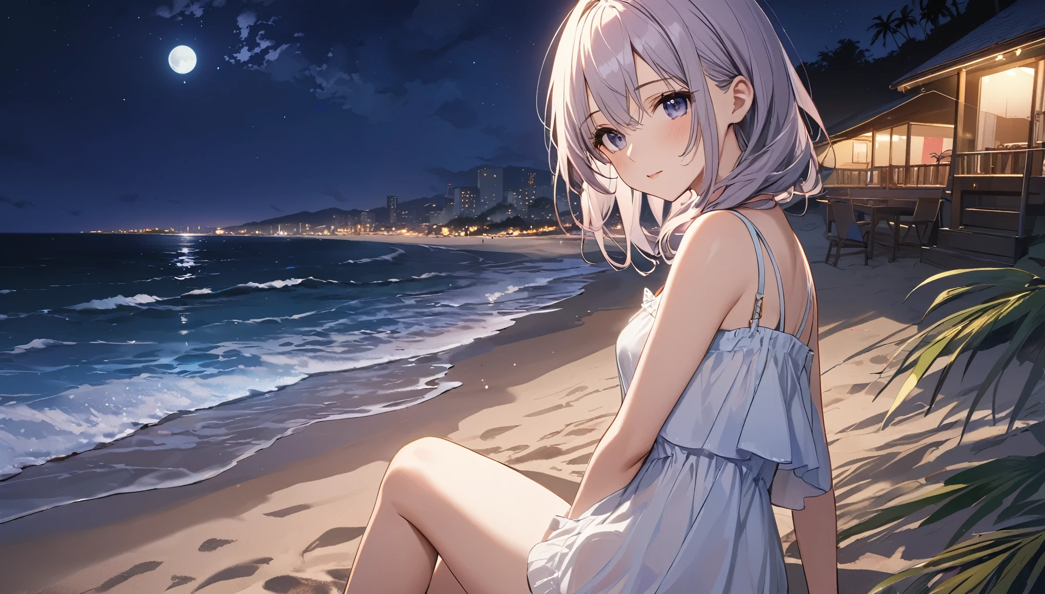 Highest quality,girl,summer night,beach,Night view,Twilight