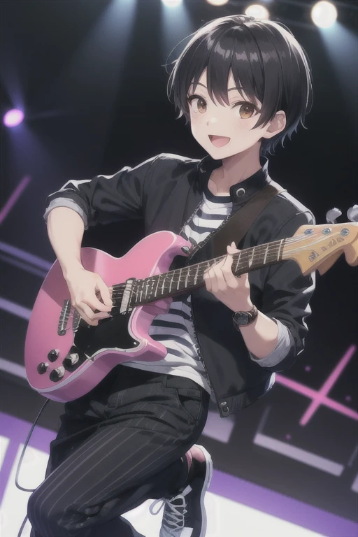 (((pixel-perfect, detail-perfect))), solo, 1boy, toshi(gsd), black hair, eye blue, eyelashes black, shirt pink, vertical-striped shirt, pants black, shoes black, live stage, smile, looking at viewer, electric guitar, jacket black, watch, :d