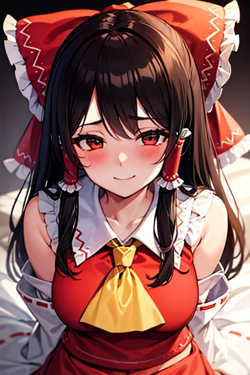 Reimu is sleeping in bed at night, blushing with a glamorous figure, looking shy and happy.