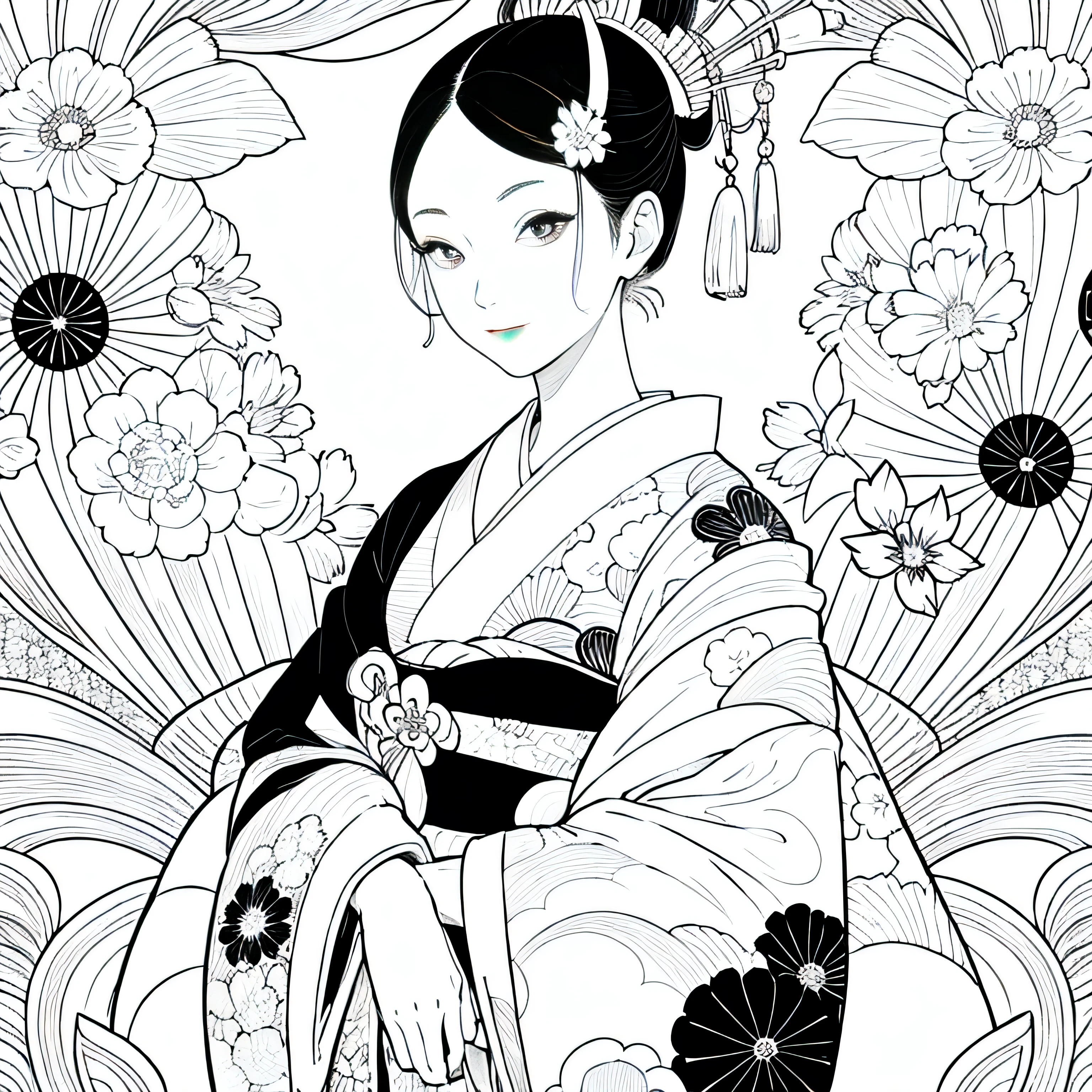 Create images inspired by the beauty of Japanese Ukiyo-e, With delicate lines, Focus on patterns and composition. kimono white,kaleidoscope background，Black and White