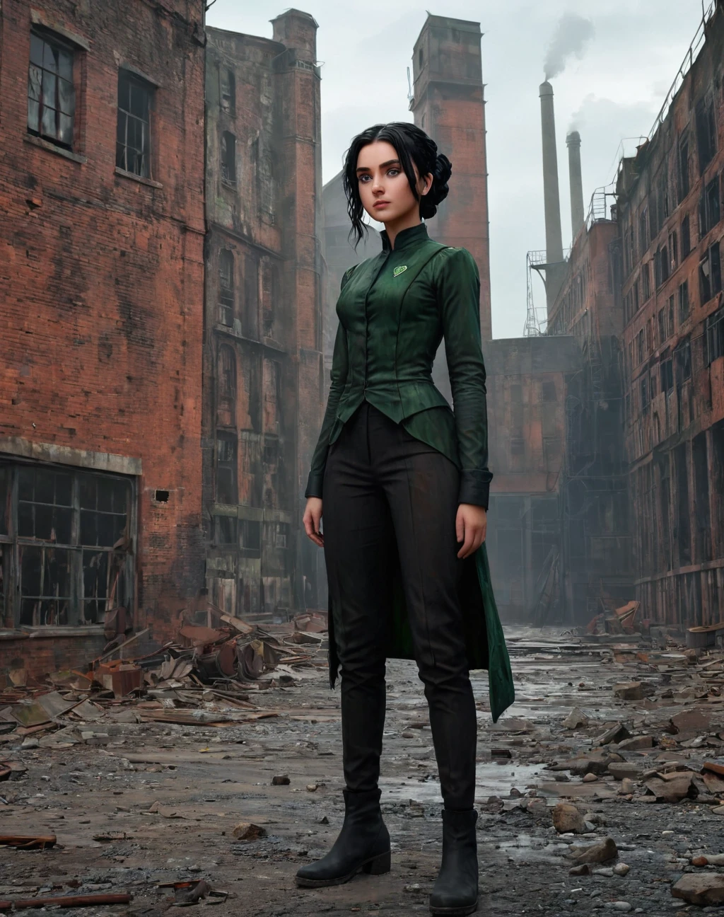 (masterpiece, best quality), stylized digital art, colorful paint style, 1 girl, 11-year-old girl, daughter of severus snape, green eyes, black hair, updo hairstyle, solo, (full body:0.6), looking away, detailed background, detailed face, (decay, entropymagic theme:1.1), rust-warrior, rusty armor, rusted iron, (rusty:1.05), brown rust, grungy, soot, dynamic pose, abandoned factory in background, low light, shadows, dark clouds, cinematic atmosphere,