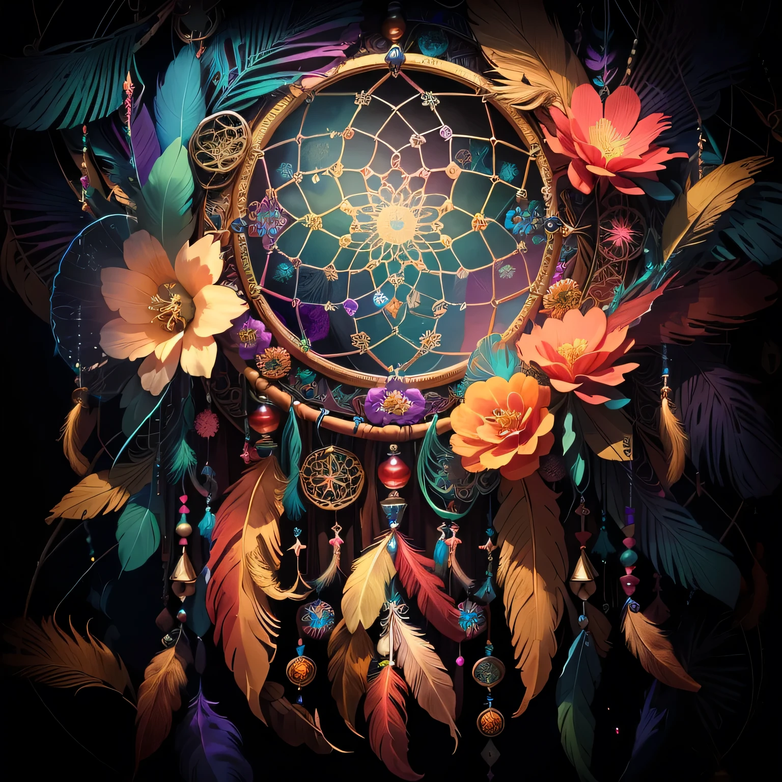 Close up of a dream catcher with flowers and feathers, galactic dream Catchers, dream Catcher, Dreamy and detailed, dream Catchers, colorful、Rich in details, Detailed Dreams, Tapestry of Dreams, the orb of dreams, dream portal, 8k high quality detailed art, Bohemian Mystic, Magical and mysterious, Mysterious environment, art deco flower shaman