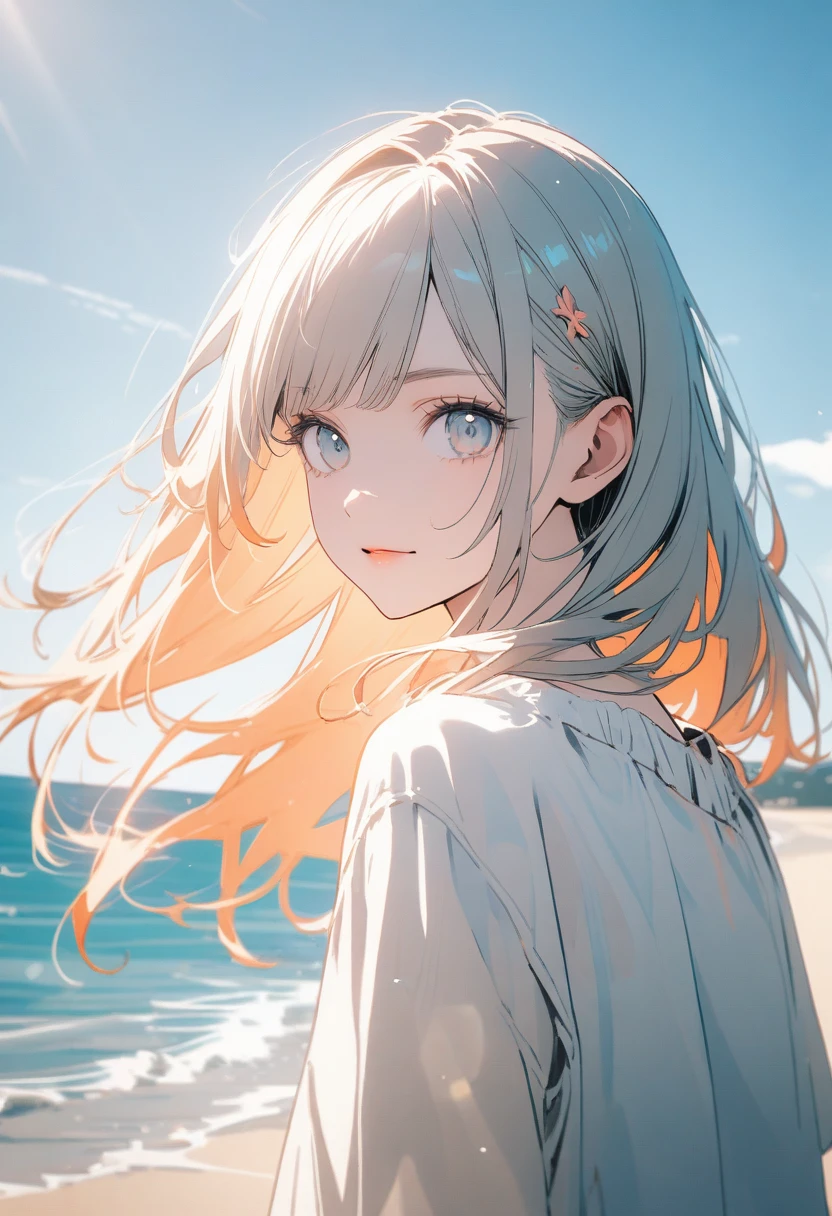 Angelic, One Girl, (Straight Hair,Inner Color), Sharp Hair, Facial Contour, Remember, , At the Beach, splash, Lens flare, noon, bright, Natural Color, High resolution, Very delicate, Very detailed, 8k