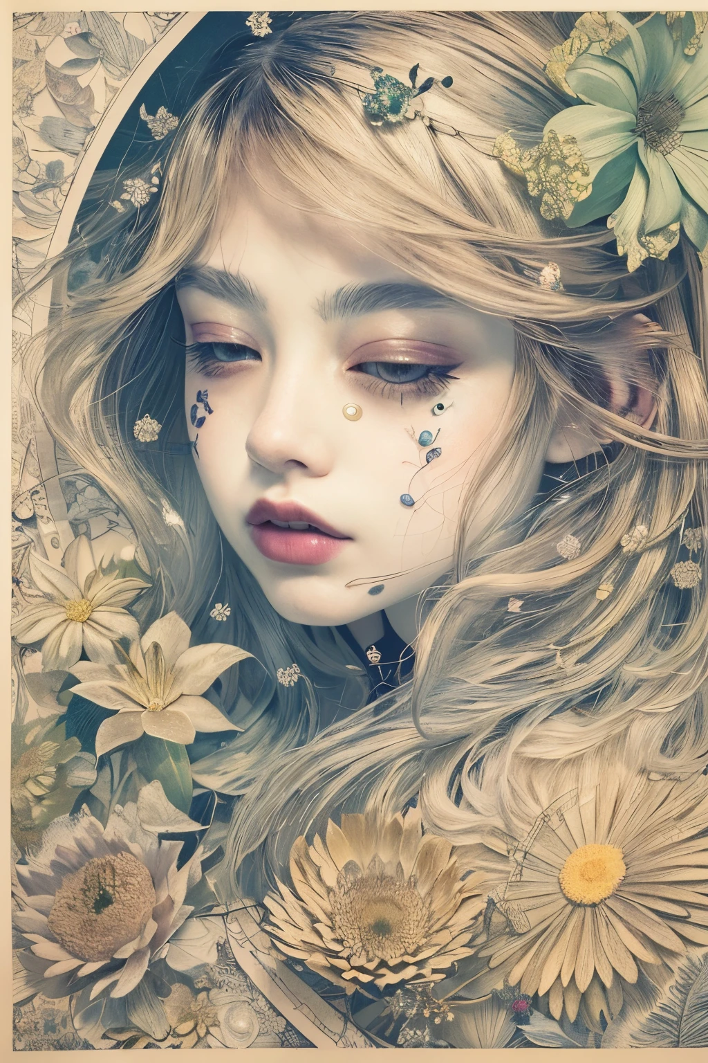 ((((masterpiece))), tattoo、Highest quality, An illustration, Beautiful details shine,
paper_cut, The details of a fragile girl&#39;s face captured on camera, wood, moon, butterfly,Wind、star、spider、Ladybug、centipede