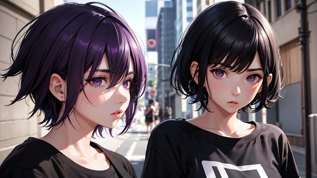 girl,Portraiture, Black and purple, Messy Short Hair, Edgy accessories,Sporty style, T-Shirts, A confident gaze, Monochrome color scheme, Look to the side, Chic street fashion, Pause,head,((people)),hairpin