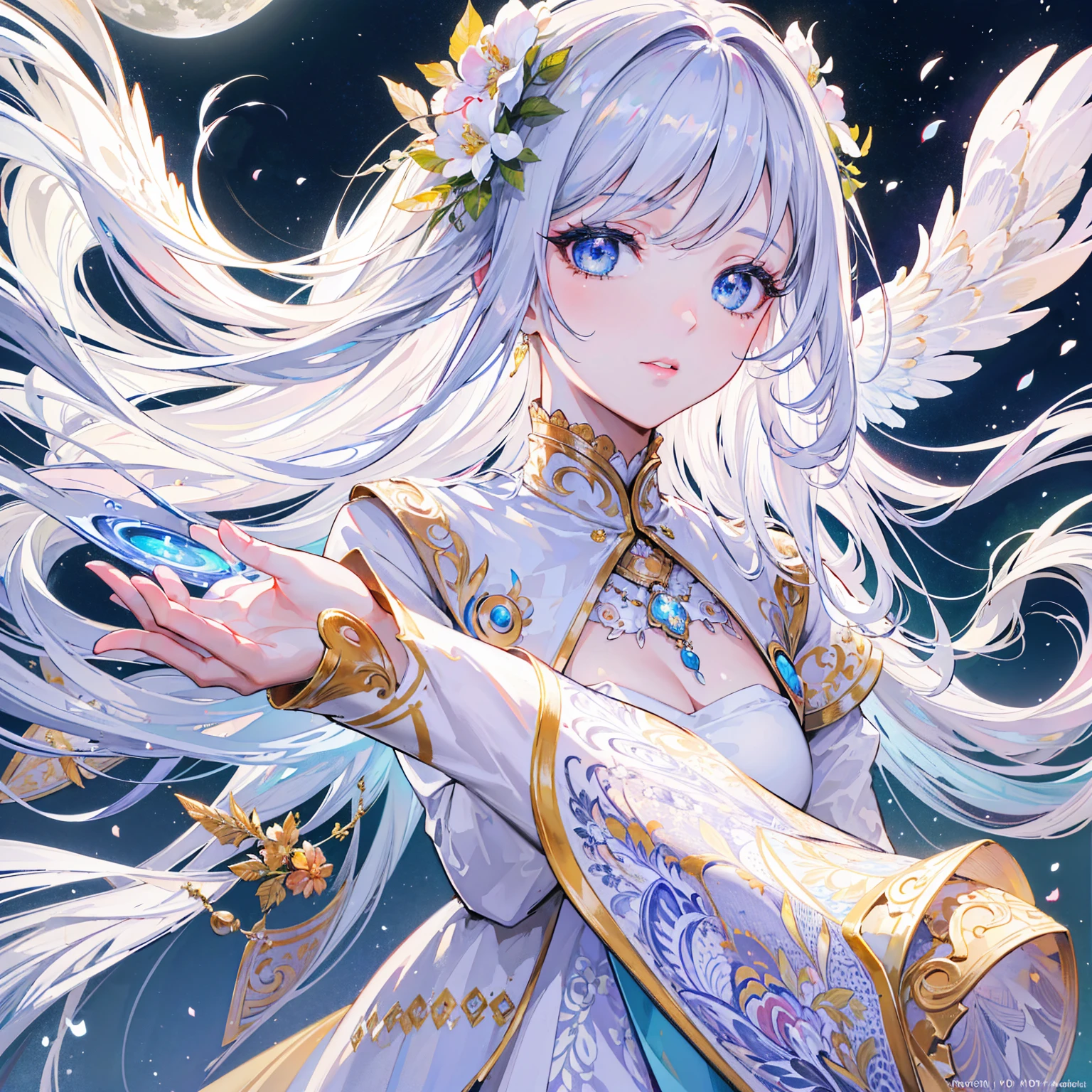 (best quality,4k,8k,highres,masterpiece:1.2),ultra-detailed,(realistic,photorealistic,photo-realistic:1.37),1girl,beautiful detailed eyes,beautiful detailed lips,extremely detailed face, white long hair and white eyepupil,long white eyelashes,goddess of the moon,welcoming expression,exquisite facial features,floral scent,ethereal,dramatic lighting,vibrant colors,fantasy,digital art