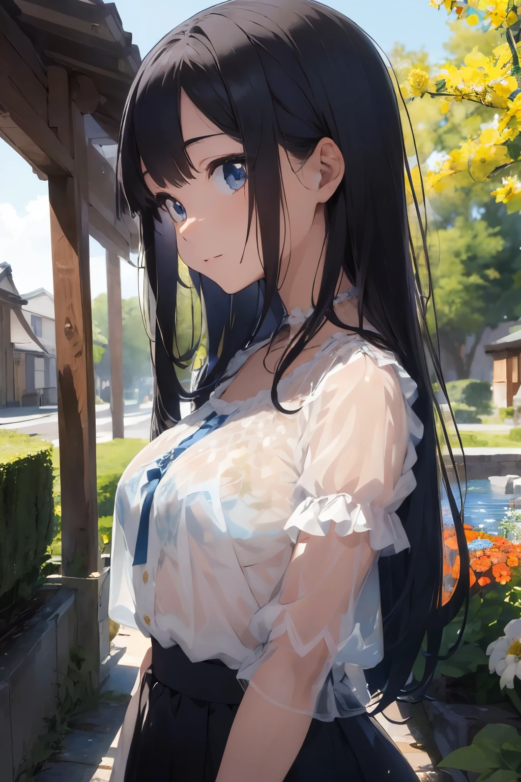 ((Highest quality)), ((masterpiece)), (detailed), (Japanese),, Black Hair,(Childish face), (Long Hair), Girl, big Breasts, ((topless)), ((Blue eyes)),half-smile ,mini skirt, Sunlight,Profile, arched back, (close_up) ,flower garden,((white See-through shirt)),(Sheer shirt),