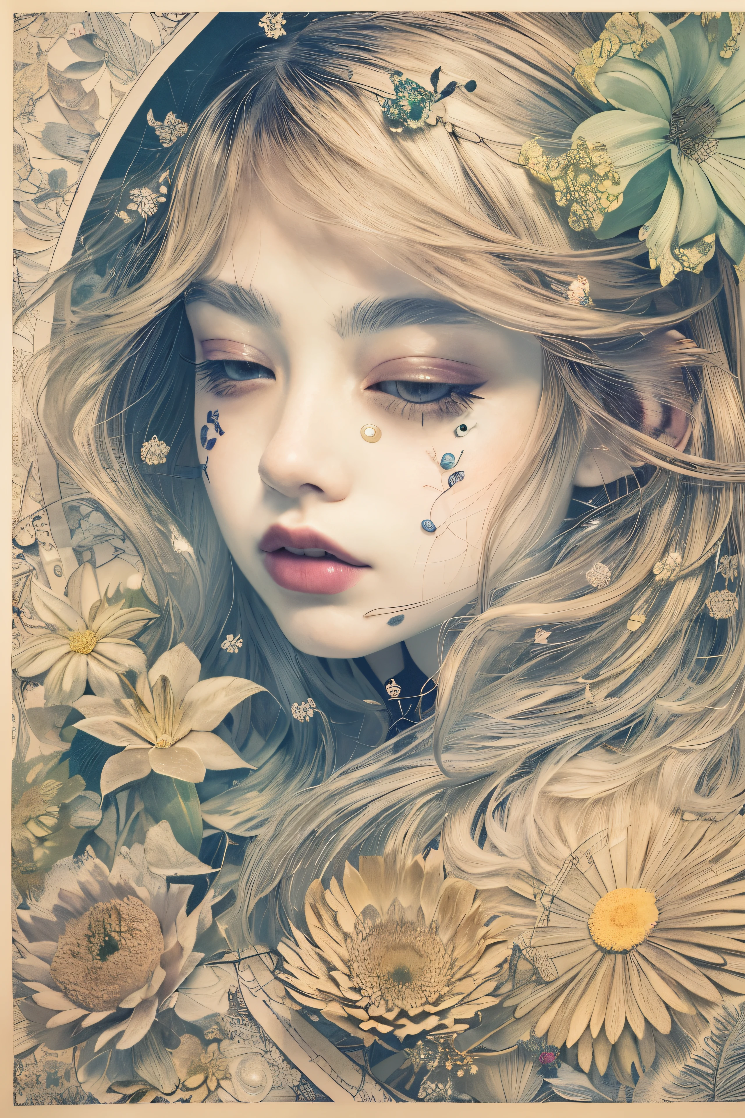 ((((masterpiece))), tattoo、Highest quality, An illustration, Beautiful details shine,
paper_cut, The details of a fragile girl's face captured on camera, wood, moon, butterfly,Wind、star、spider、Ladybug、centipede