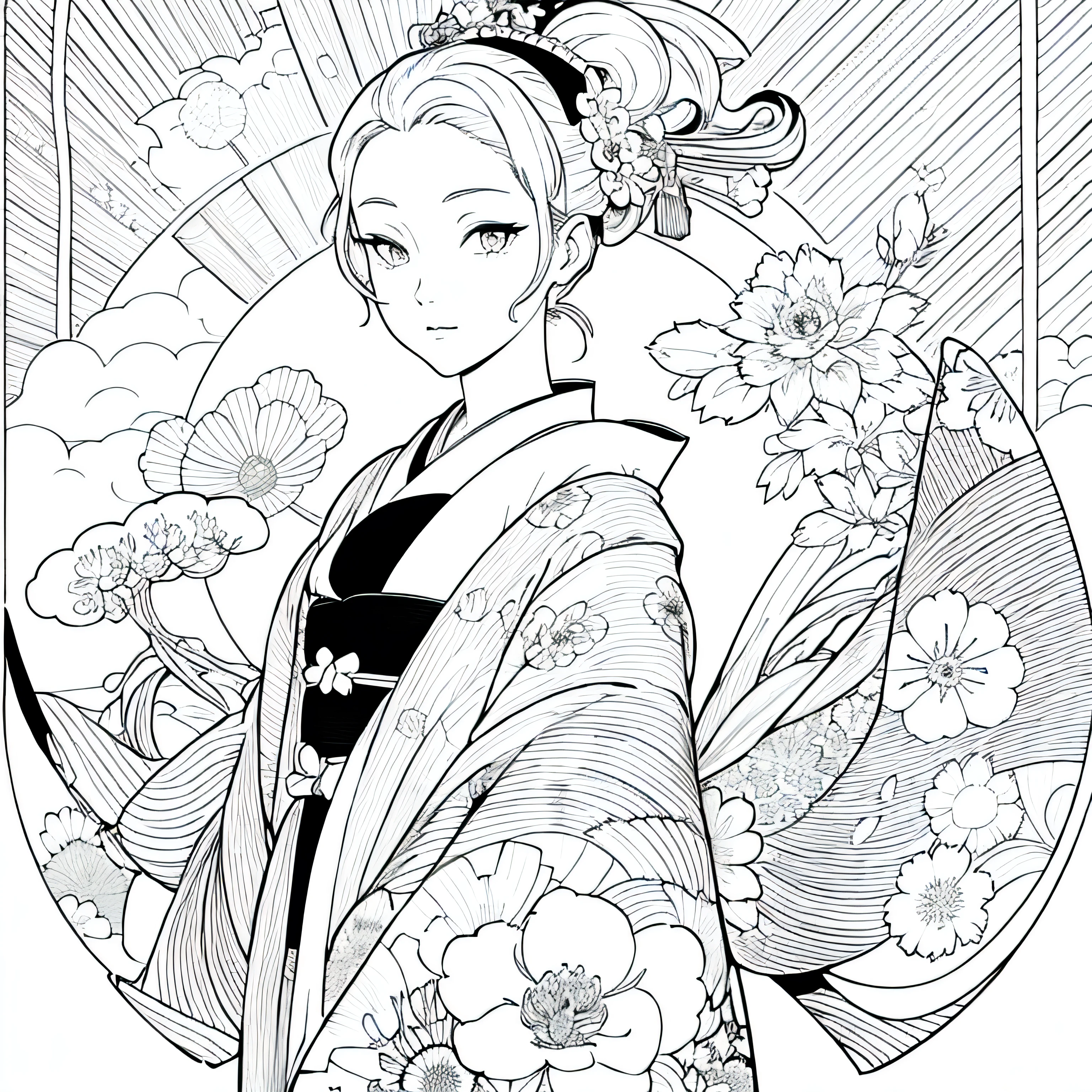 Create images inspired by the beauty of Japanese Ukiyo-e, With delicate lines, Focus on patterns and composition. kimono white,kaleidoscope background，Black and White