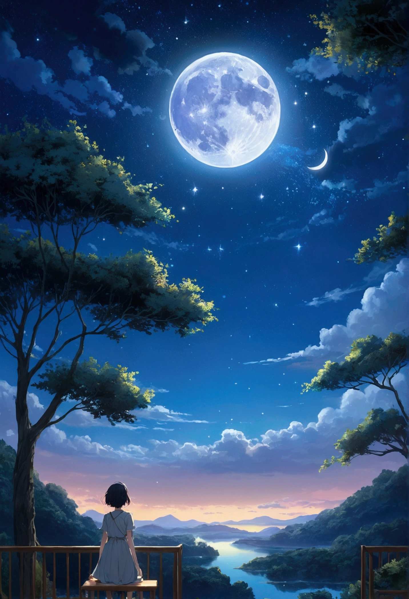Condensed Beauty,Through the sky, Painting Starry Moon, Concept art, inspired by Mitsuoki Tosa, Pixiv competition winner, top quality, fantasy art, beautiful anime scene, bright moon, Starry sky environment in moonlight, A Dream Painting, anime background Art, dream landscape art, Great night, anime background, background image, Dreamy art, Atmospheric anime, Starry sky, Detailed improvements.