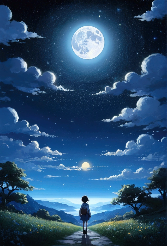 Condensed Beauty,Through the sky, Painting Starry Moon, Concept art, inspired by Mitsuoki Tosa, Pixiv competition winner, top quality, fantasy art, beautiful anime scene, bright moon, Starry sky environment in moonlight, A Dream Painting, anime background Art, dream landscape art, Great night, anime background, background image, Dreamy art, Atmospheric anime, Starry sky, Detailed improvements.