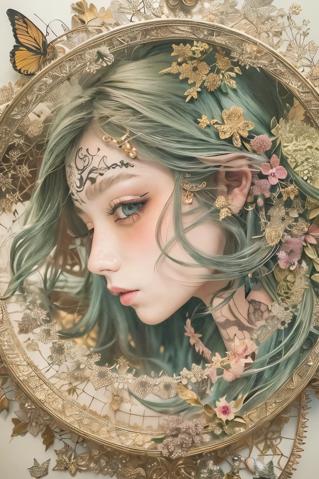 ((((masterpiece))), tattoo、Highest quality, An illustration, Beautiful details shine,
paper_cut, The details of a fragile girl's face captured on camera, wood, moon, butterfly,Wind、star、spider、Ladybug、centipede